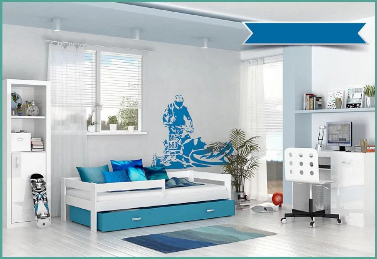 Dětská postel HARRY P1 COLOR s barevnou zásuvkou + matrace, 80x160, bílý/modrý