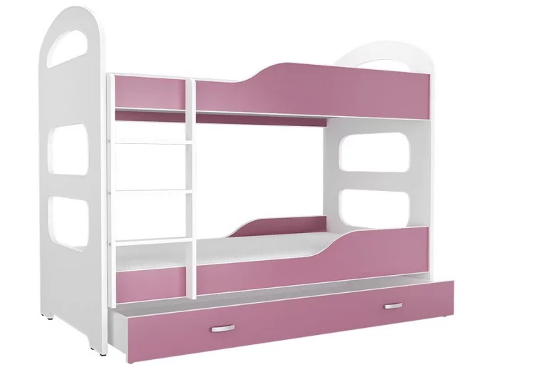 Dětská patrová postel PATRIK 2 COLOR + matrace + rošt ZDARMA, 190x80, bílý/růžový