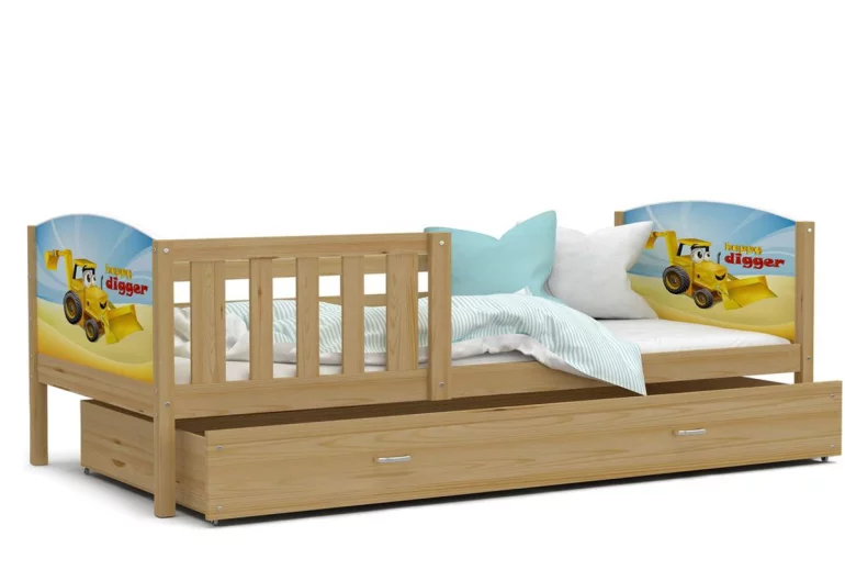 Dětská postel DOBBY P1 s pohádkovými vzory + matrace + rošt ZDARMA, 80x190, oboustranný tisk, borovice/VZOR 04