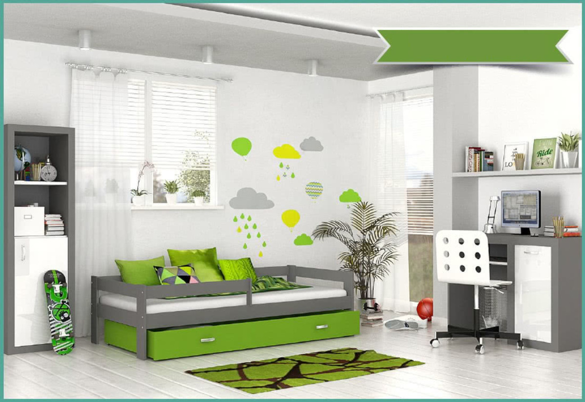 Levně Expedo Dětská postel HARRY P1 COLOR s barevnou zásuvkou + matrace, 80x160, šedý/zelený