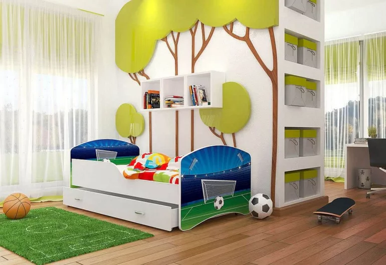 Dětská postel s potiskem FRAGA P1 + úložný prostor + matrace + rošt ZDARMA