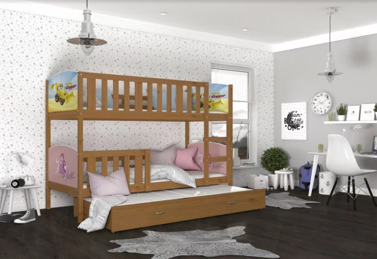 Dětská patrová postel DOBBY 3 s potiskem + matrace + rošt