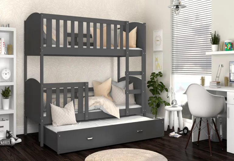 Dětská patrová postel DOBBY 3 color s potiskem + matrace + rošt ZDARMA, 190x80, šedá/vzor D08/H08 - VÝPRODEJ Č. 1431