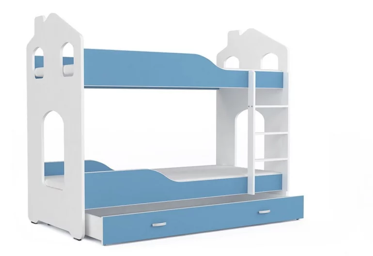 Dětská patrová postel PATRIK 2 Domek + matrace + rošt ZDARMA, 160x80, bílá/modrá