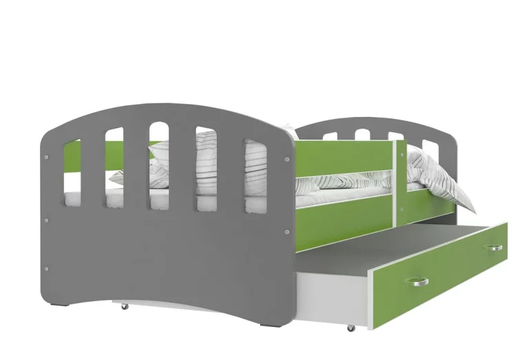 Dětská postel ŠTÍSTKO barevná + matrace + rošt ZDARMA, 180x80, šedá/zelená