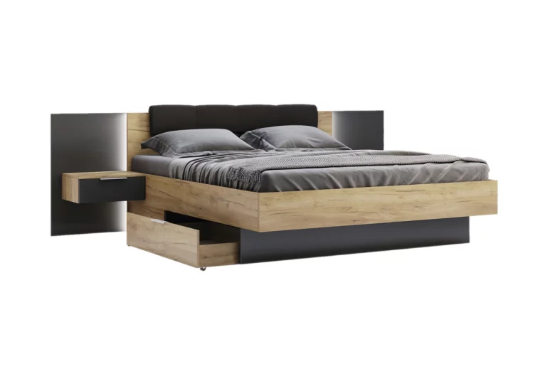 Manželská postel DOTA + rošt + matrace DE LUX + deska s nočními stolky, 180x200, dub Kraft/šedá