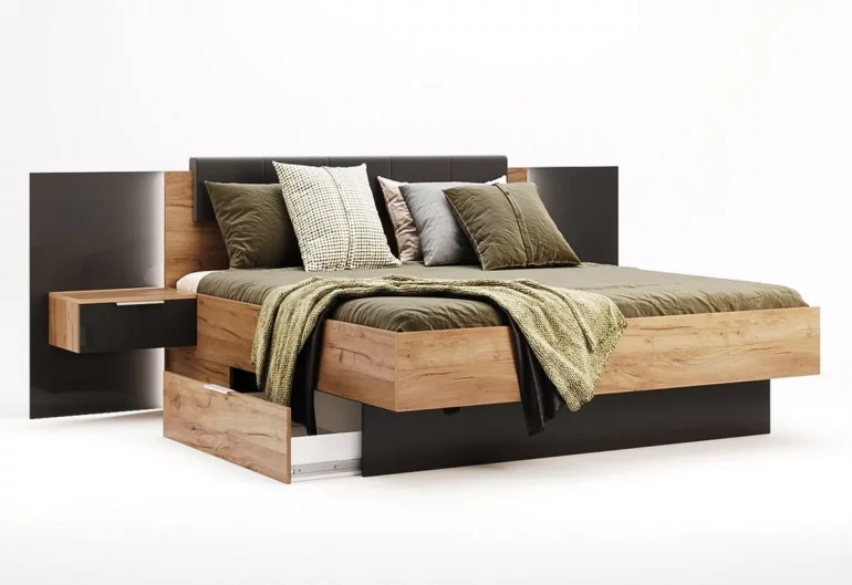 Manželská postel DOTA + rošt +  matrace MORAVIA + deska s nočními stolky, 180x200, dub Kraft/šedá