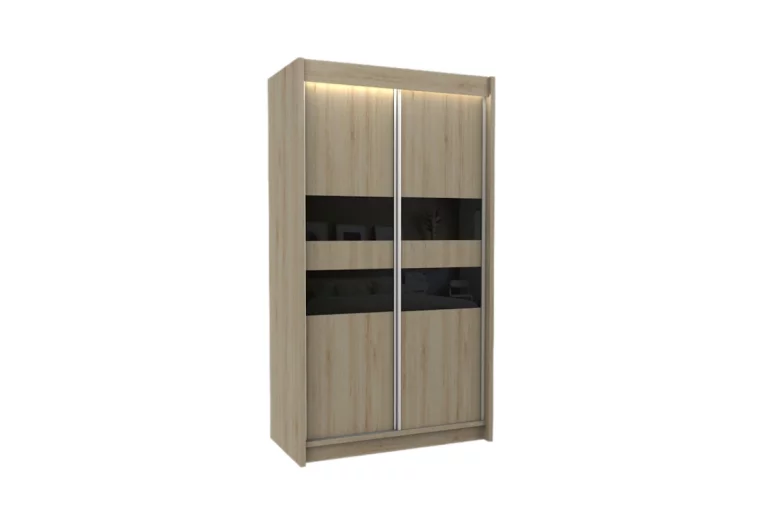 Skříň s posuvnými dveřmi IRIS, sonoma/černé sklo, 150x216x61