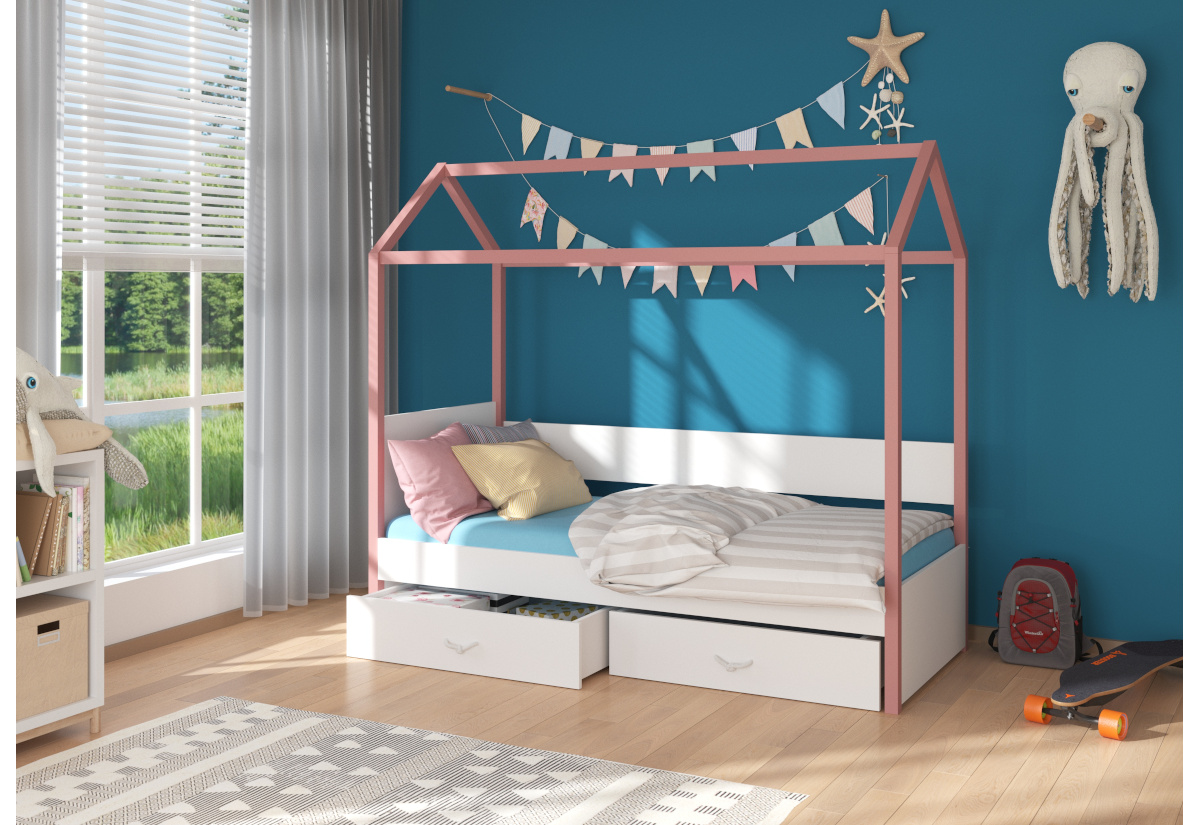Levně Expedo Dětská postel EMILIE + matrace, 80x180, růžová/bílá
