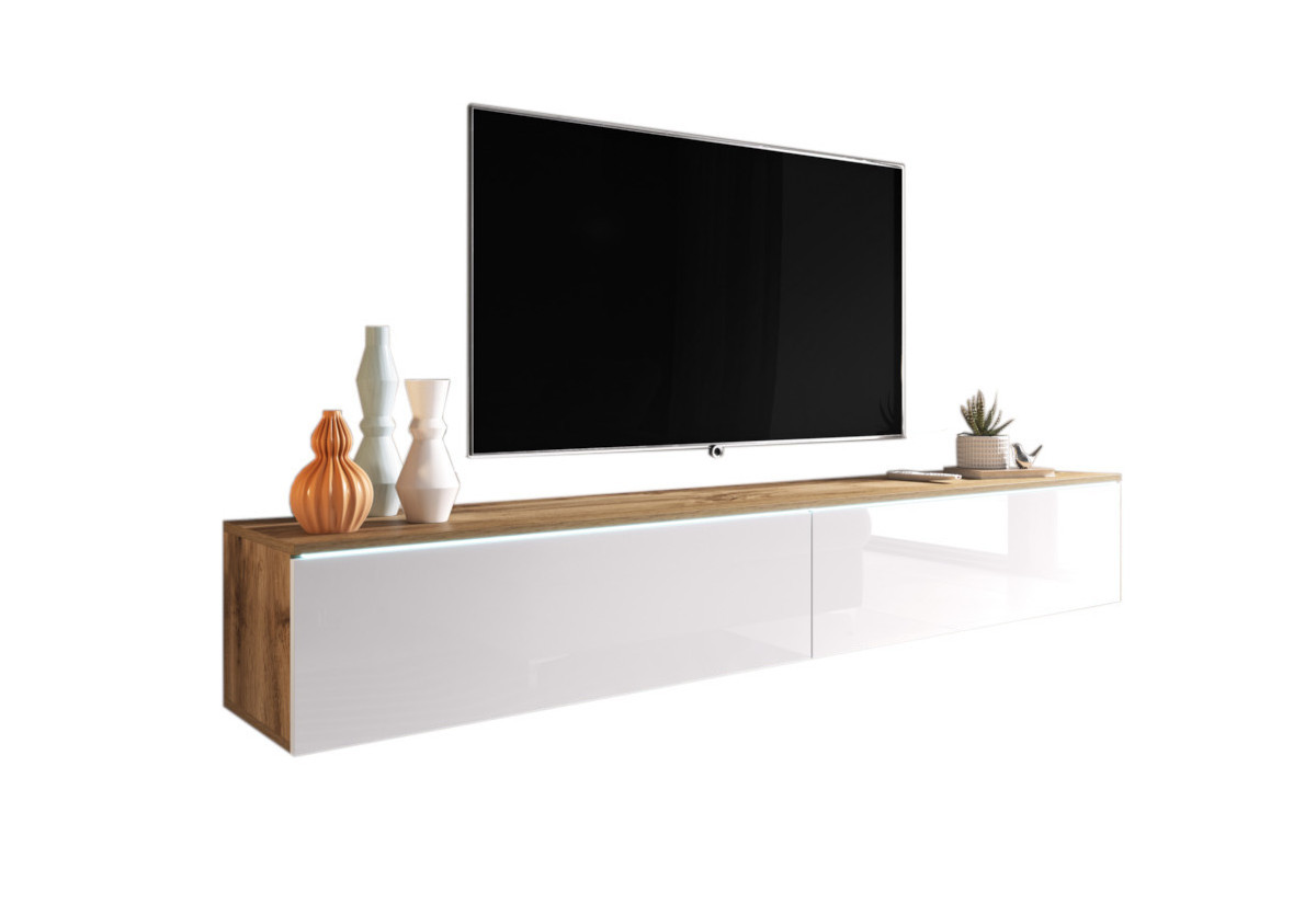 Levně Expedo TV stolek MENDES D 180, 180x30x32, dub wotan/bílá lesk + LED