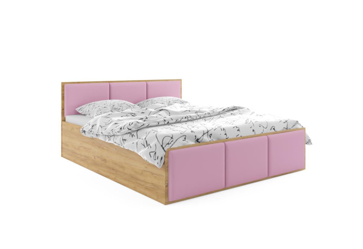 Levně Expedo Čalouněná postel SANTOS, 160x200, dub kraft/trinity 19 - růžová + kovový rošt + matrace
